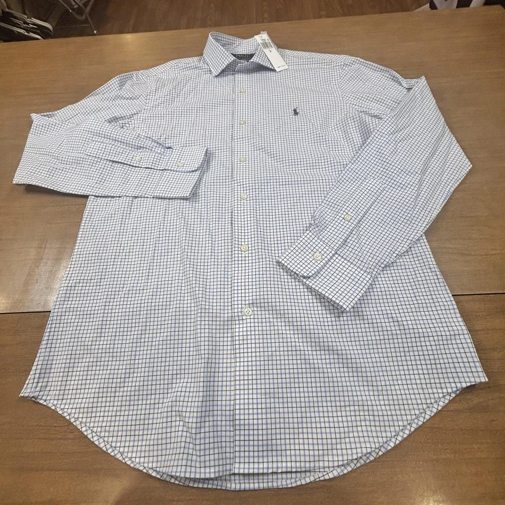 Polo Ralph Lauren Shirt Mens M Blue Check Classic Fit Stretch Button Down Dress